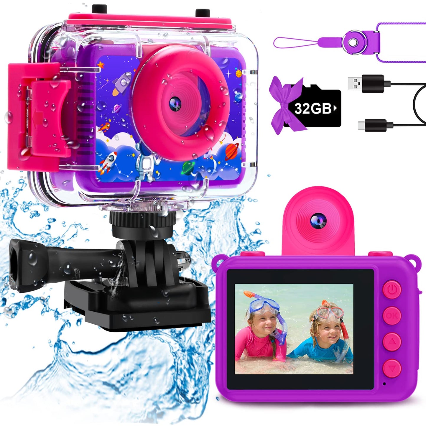 Waterproof Camera - Underwater Camera Birthday Gifts for Girls Boys Children Digital Action Camera with 32GB SD Card, Pool Toys for Kids Age 4 5 6 7 8 10