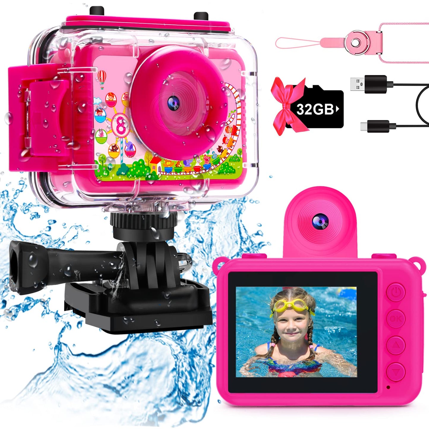 Waterproof Camera - Underwater Camera Birthday Gifts for Girls Boys Children Digital Action Camera with 32GB SD Card, Pool Toys for Kids Age 4 5 6 7 8 10