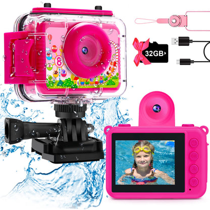 Waterproof Camera - Underwater Camera Birthday Gifts for Girls Boys Children Digital Action Camera with 32GB SD Card, Pool Toys for Kids Age 4 5 6 7 8 10